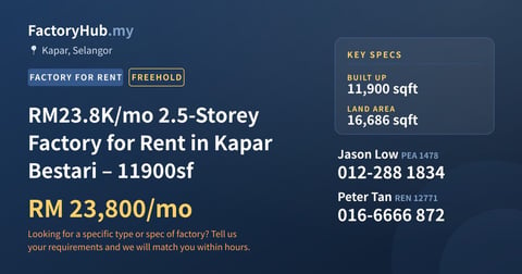 Factory For Rent - RM23.8K/mo 2.5-Storey Factory for Rent in Kapar Bestari – 11900sf - Kapar, Selangor