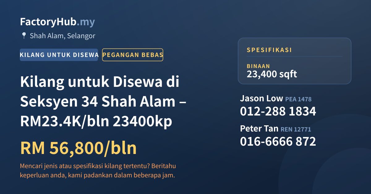 Kilang Untuk Disewa - Kilang untuk Disewa di Seksyen 34 Shah Alam – RM23.4K/bln 23400kp - Shah Alam, Selangor