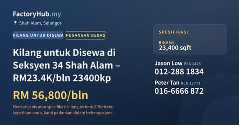 Kilang Untuk Disewa - Kilang untuk Disewa di Seksyen 34 Shah Alam – RM23.4K/bln 23400kp - Shah Alam, Selangor