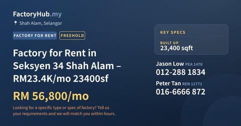 Factory For Rent - Factory for Rent in Seksyen 34 Shah Alam – RM23.4K/mo 23400sf - Shah Alam, Selangor