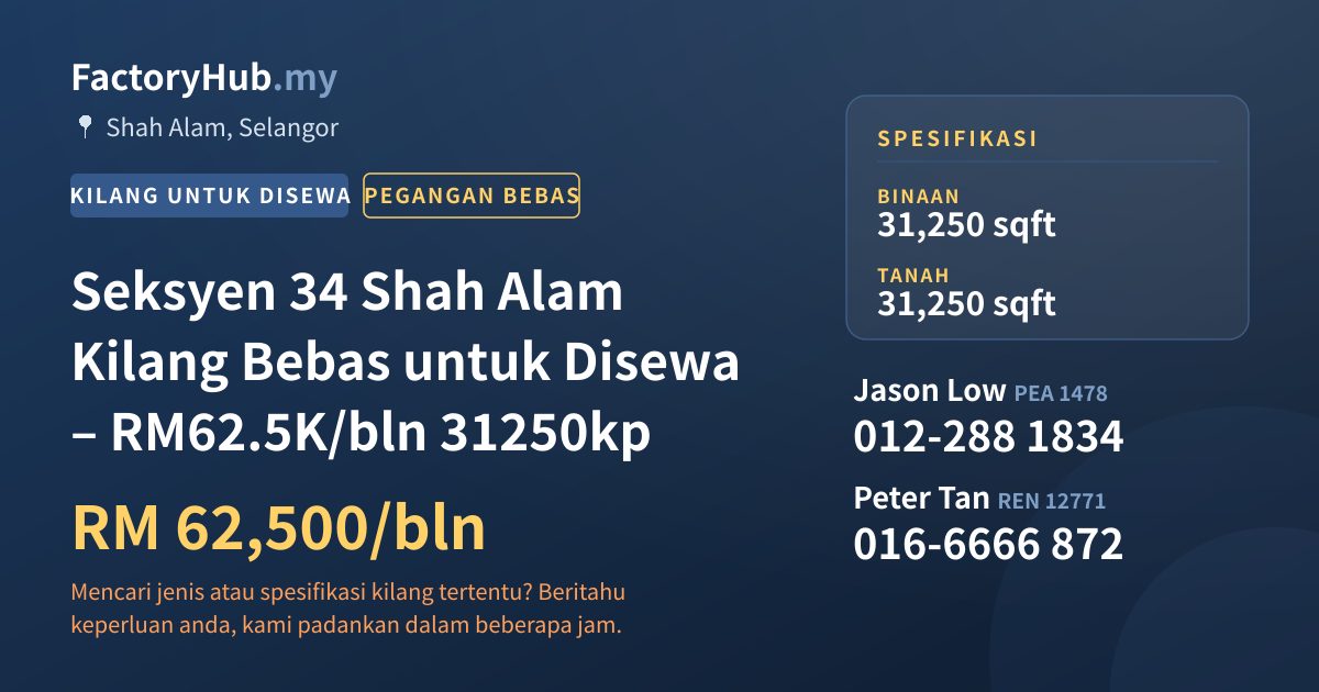 Kilang Untuk Disewa - Seksyen 34 Shah Alam Kilang Bebas untuk Disewa – RM62.5K/bln 31250kp - Shah Alam, Selangor