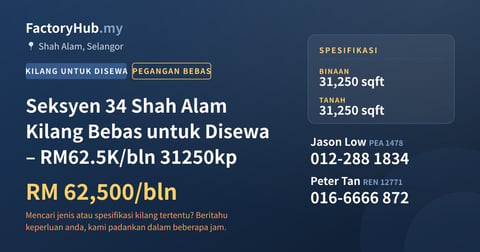 Kilang Untuk Disewa - Seksyen 34 Shah Alam Kilang Bebas untuk Disewa – RM62.5K/bln 31250kp - Shah Alam, Selangor