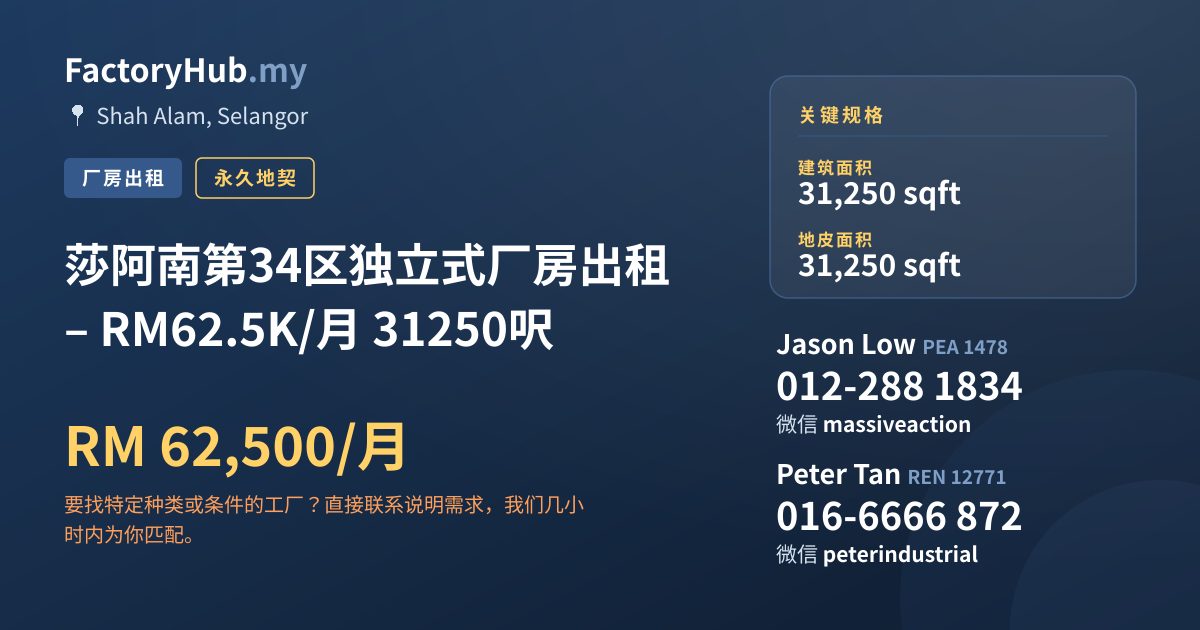 工厂 出租 - 莎阿南第34区独立式厂房出租 – RM62.5K/月 31250呎 - Shah Alam, Selangor