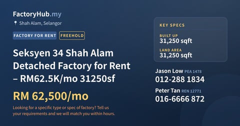 Factory For Rent - Seksyen 34 Shah Alam Detached Factory for Rent – RM62.5K/mo 31250sf - Shah Alam, Selangor