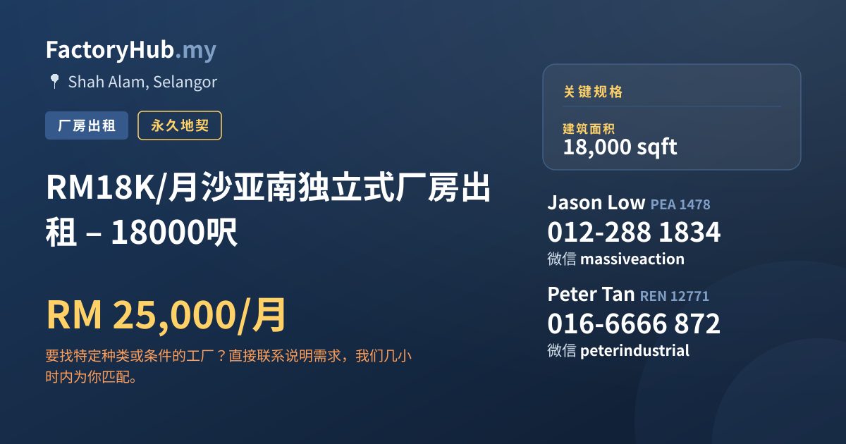 工厂 出租 - RM18K/月沙亚南独立式厂房出租 – 18000呎 - Shah Alam, Selangor