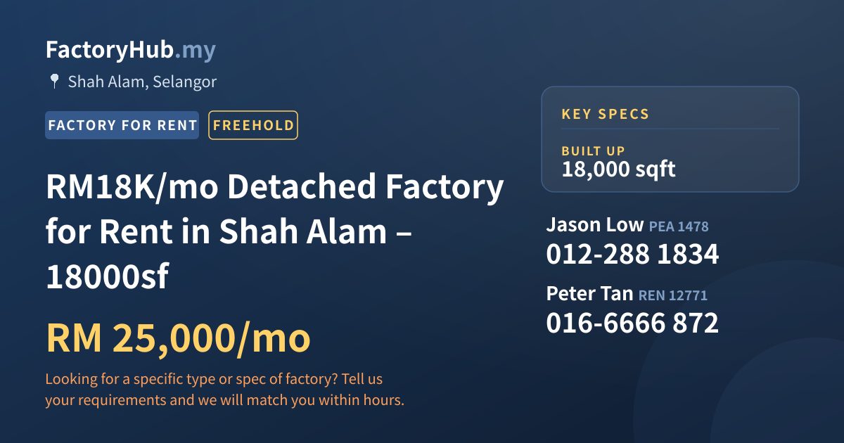 Factory For Rent - RM18K/mo Detached Factory for Rent in Shah Alam – 18000sf - Shah Alam, Selangor