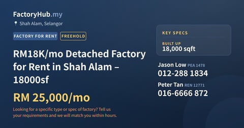 Factory For Rent - RM18K/mo Detached Factory for Rent in Shah Alam – 18000sf - Shah Alam, Selangor