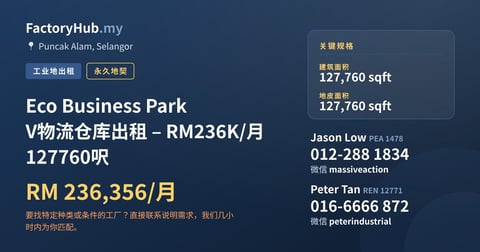 土地 出租 - Eco Business Park V物流仓库出租 – RM236K/月 127760呎 - Puncak Alam, Selangor