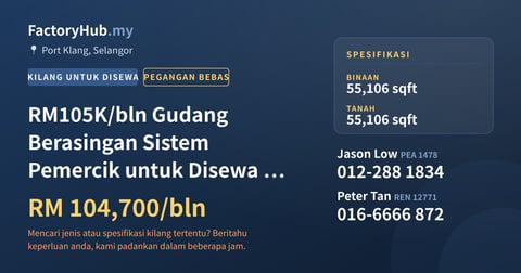 Kilang Untuk Disewa - RM105K/bln Gudang Berasingan Sistem Pemercik untuk Disewa di North - Port Klang, Selangor