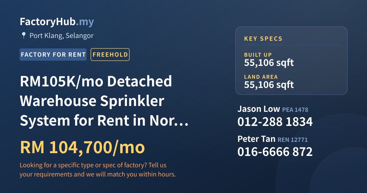 Factory For Rent - RM105K/mo Detached Warehouse Sprinkler System for Rent in North Port - Port Klang, Selangor