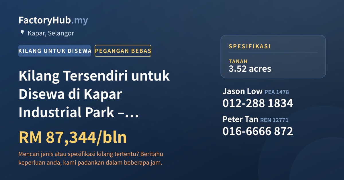 Kilang Untuk Disewa - Kilang Tersendiri untuk Disewa di Kapar Industrial Park – RM87K/bln - Kapar, Selangor