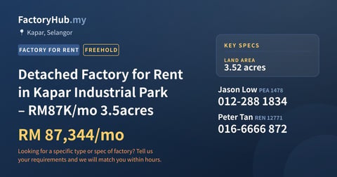 Factory For Rent - Detached Factory for Rent in Kapar Industrial Park – RM87K/mo 3.5acres - Kapar, Selangor