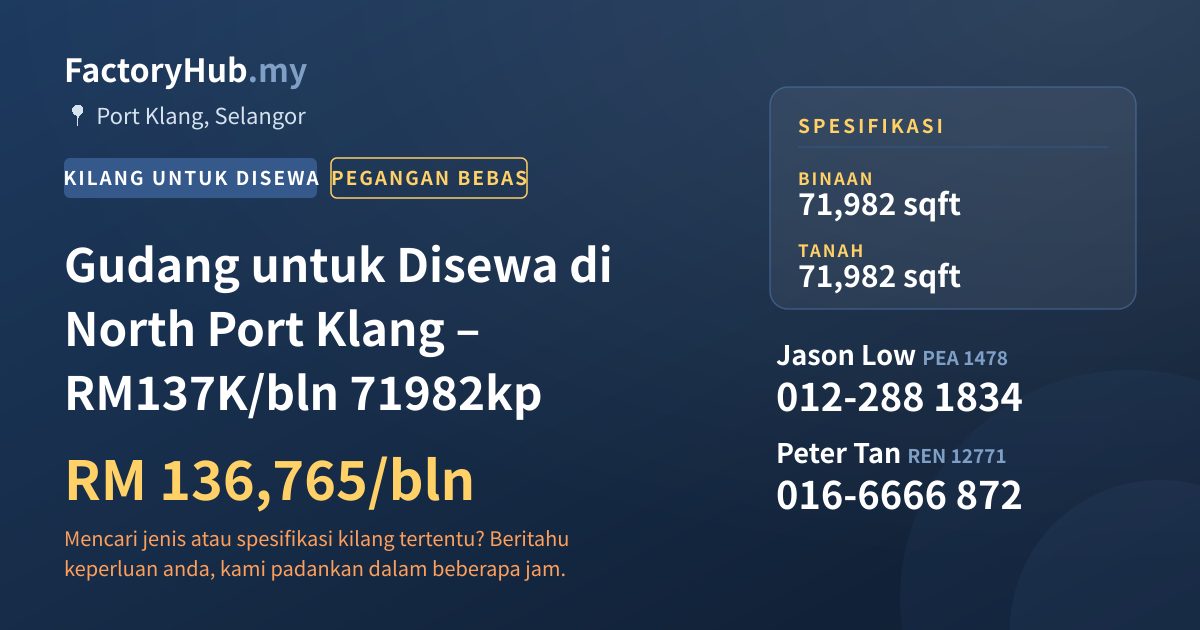 Kilang Untuk Disewa - Gudang untuk Disewa di North Port Klang – RM137K/bln 71982kp - Port Klang, Selangor
