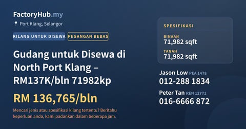 Kilang Untuk Disewa - Gudang untuk Disewa di North Port Klang – RM137K/bln 71982kp - Port Klang, Selangor