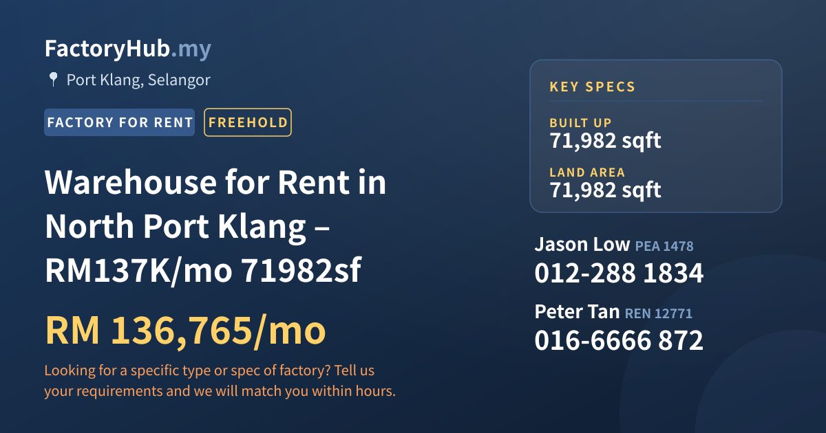 Factory For Rent - Warehouse for Rent in North Port Klang – RM137K/mo 71982sf - Port Klang, Selangor