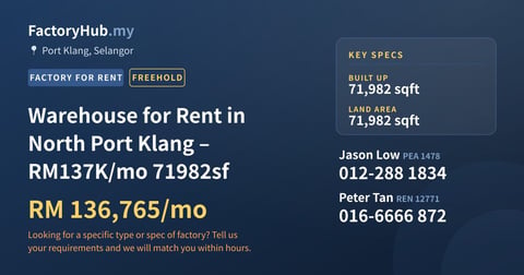 Factory For Rent - Warehouse for Rent in North Port Klang – RM137K/mo 71982sf - Port Klang, Selangor