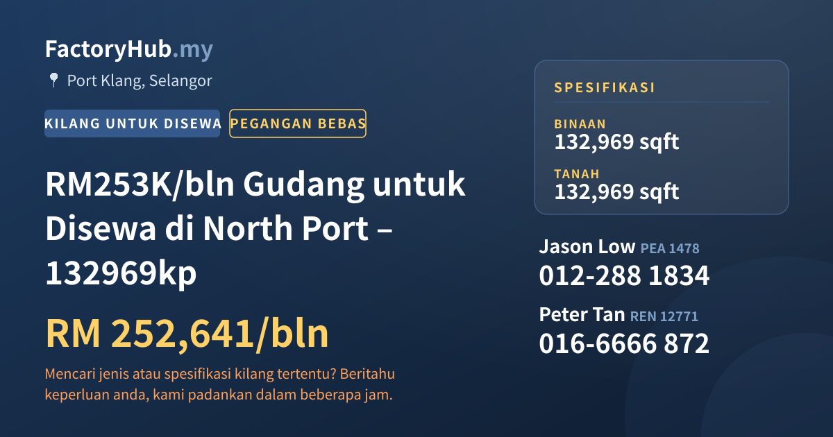Kilang Untuk Disewa - RM253K/bln Gudang untuk Disewa di North Port – 132969kp - Port Klang, Selangor