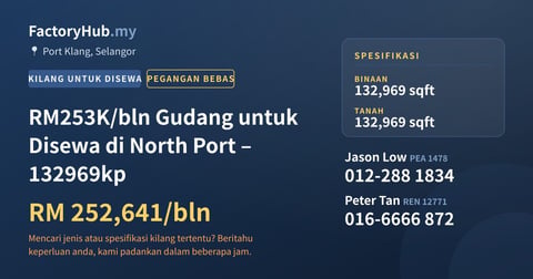 Kilang Untuk Disewa - RM253K/bln Gudang untuk Disewa di North Port – 132969kp - Port Klang, Selangor
