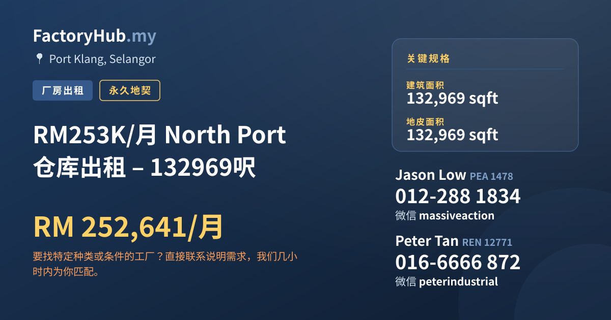 工厂 出租 - RM253K/月 North Port 仓库出租 – 132969呎 - Port Klang, Selangor