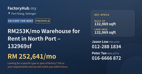 Factory For Rent - RM253K/mo Warehouse for Rent in North Port – 132969sf - Port Klang, Selangor