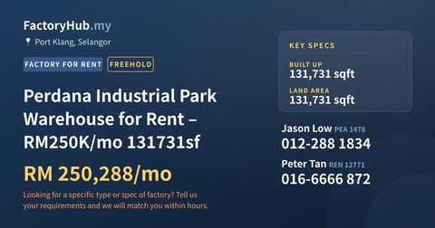 Factory For Rent - Perdana Industrial Park Warehouse for Rent – RM250K/mo 131731sf - Port Klang, Selangor