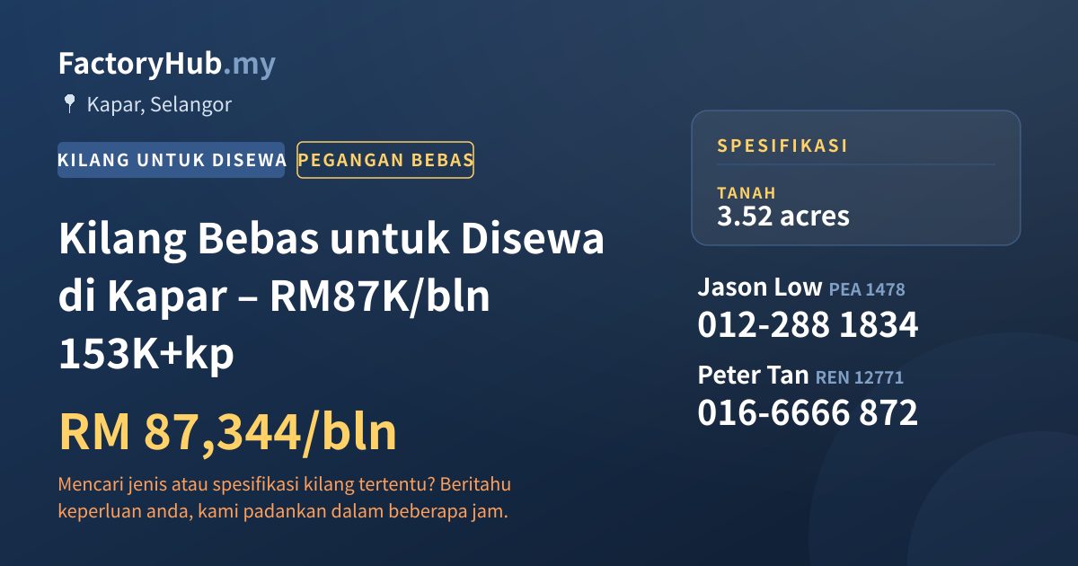 Kilang Untuk Disewa - Kilang Bebas untuk Disewa di Kapar – RM87K/bln 153K+kp - Kapar, Selangor