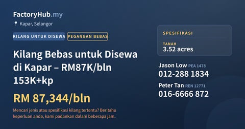 Kilang Untuk Disewa - Kilang Bebas untuk Disewa di Kapar – RM87K/bln 153K+kp - Kapar, Selangor