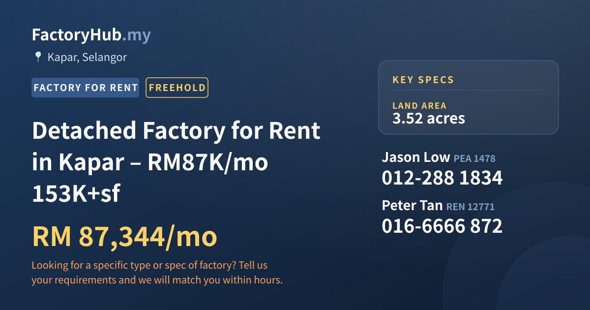Factory For Rent - Detached Factory for Rent in Kapar – RM87K/mo 153K+sf - Kapar, Selangor
