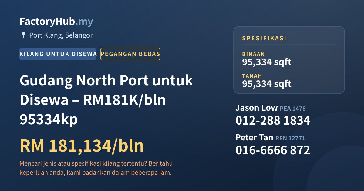 Kilang Untuk Disewa - Gudang North Port untuk Disewa – RM181K/bln 95334kp - Port Klang, Selangor