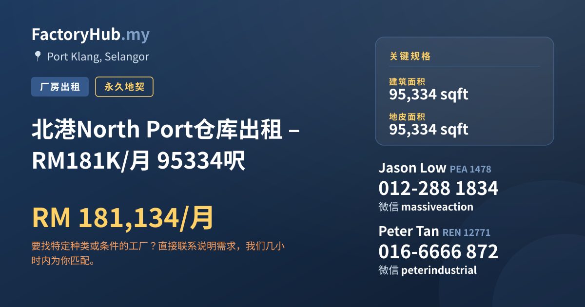 工厂 出租 - 北港North Port仓库出租 – RM181K/月 95334呎 - Port Klang, Selangor