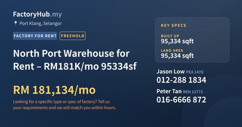 Factory For Rent - North Port Warehouse for Rent – RM181K/mo 95334sf - Port Klang, Selangor