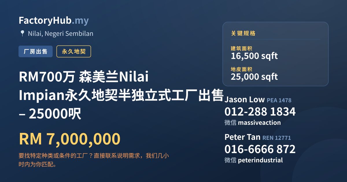 工厂 出售 - RM700万 森美兰Nilai Impian永久地契半独立式工厂出售 – 25000呎 - Nilai, Negeri Sembilan
