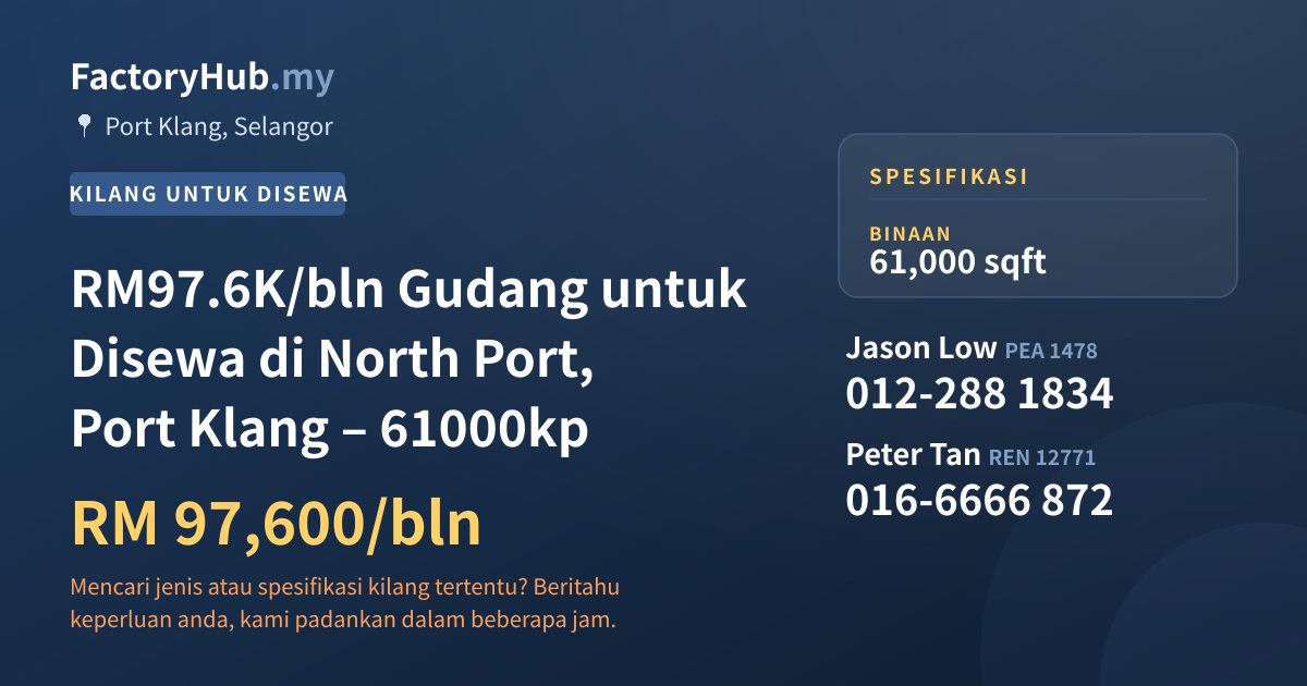 Kilang Untuk Disewa - RM97.6K/bln Gudang untuk Disewa di North Port, Port Klang – 61000kp - Port Klang, Selangor