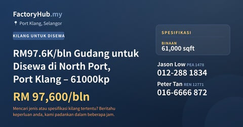 Kilang Untuk Disewa - RM97.6K/bln Gudang untuk Disewa di North Port, Port Klang – 61000kp - Port Klang, Selangor