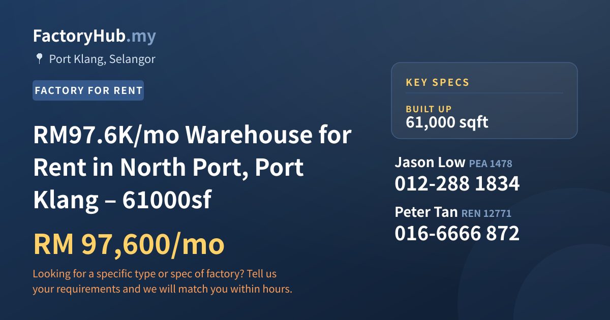 Factory For Rent - RM97.6K/mo Warehouse for Rent in North Port, Port Klang – 61000sf - Port Klang, Selangor