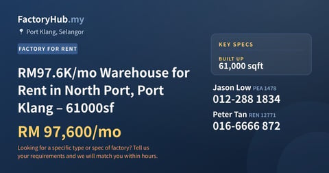 Factory For Rent - RM97.6K/mo Warehouse for Rent in North Port, Port Klang – 61000sf - Port Klang, Selangor