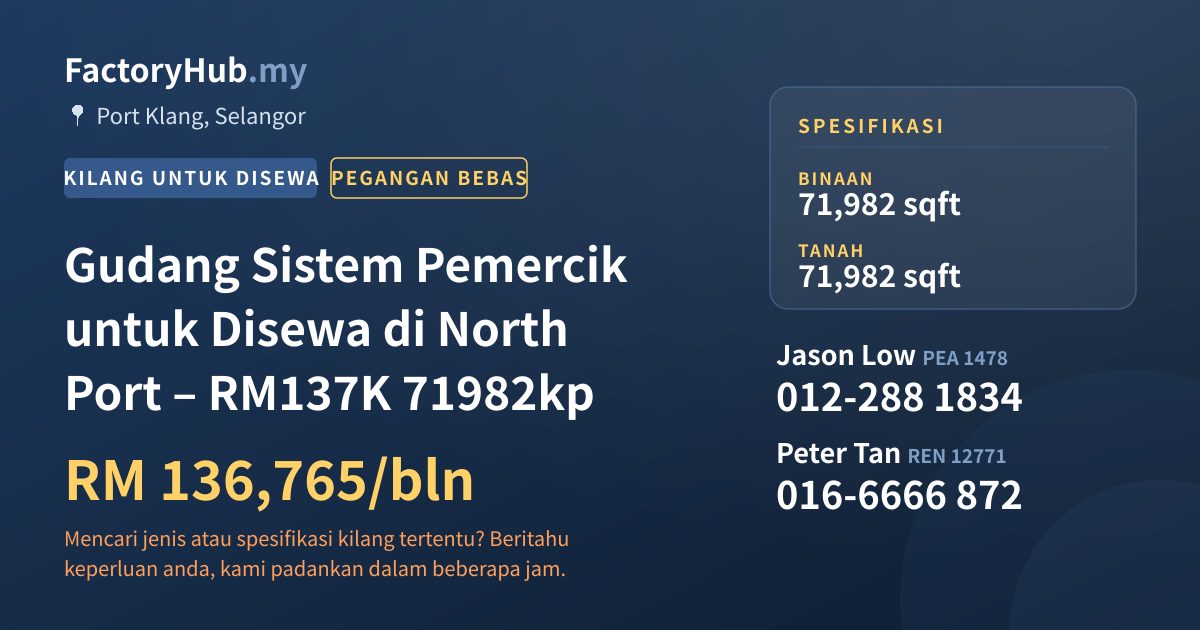 Kilang Untuk Disewa - Gudang Sistem Pemercik untuk Disewa di North Port – RM137K 71982kp - Port Klang, Selangor