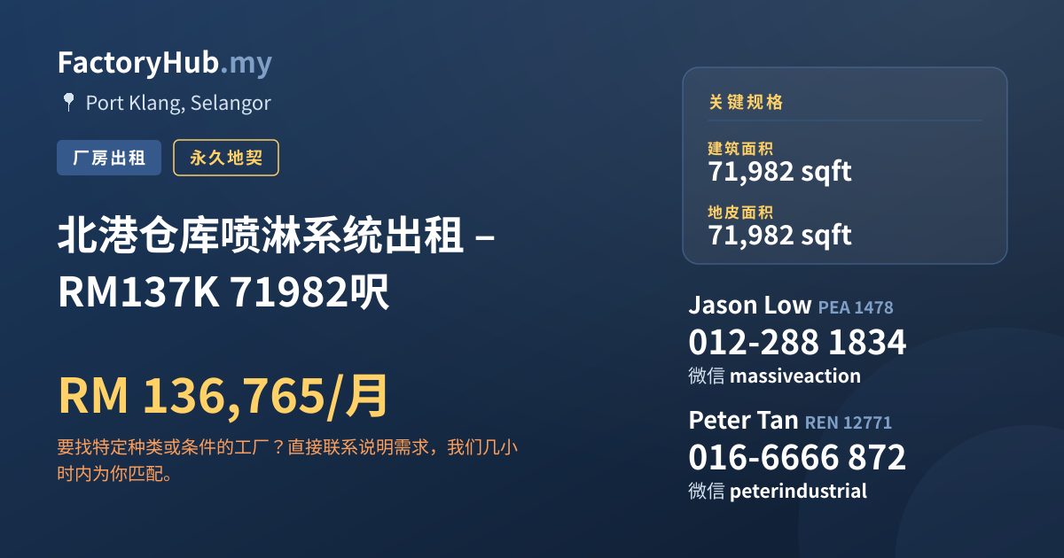 工厂 出租 - 北港仓库喷淋系统出租 – RM137K 71982呎 - Port Klang, Selangor