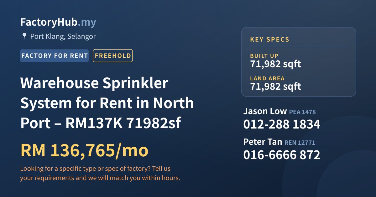 Factory For Rent - Warehouse Sprinkler System for Rent in North Port – RM137K 71982sf - Port Klang, Selangor