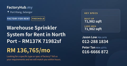 Factory For Rent - Warehouse Sprinkler System for Rent in North Port – RM137K 71982sf - Port Klang, Selangor