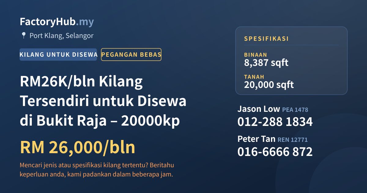 Kilang Untuk Disewa - RM26K/bln Kilang Tersendiri untuk Disewa di Bukit Raja – 20000kp - Port Klang, Selangor