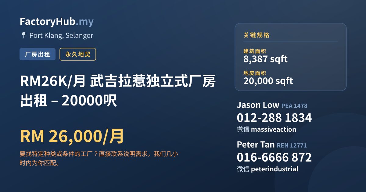 工厂 出租 - RM26K/月 武吉拉惹独立式厂房出租 – 20000呎 - Port Klang, Selangor