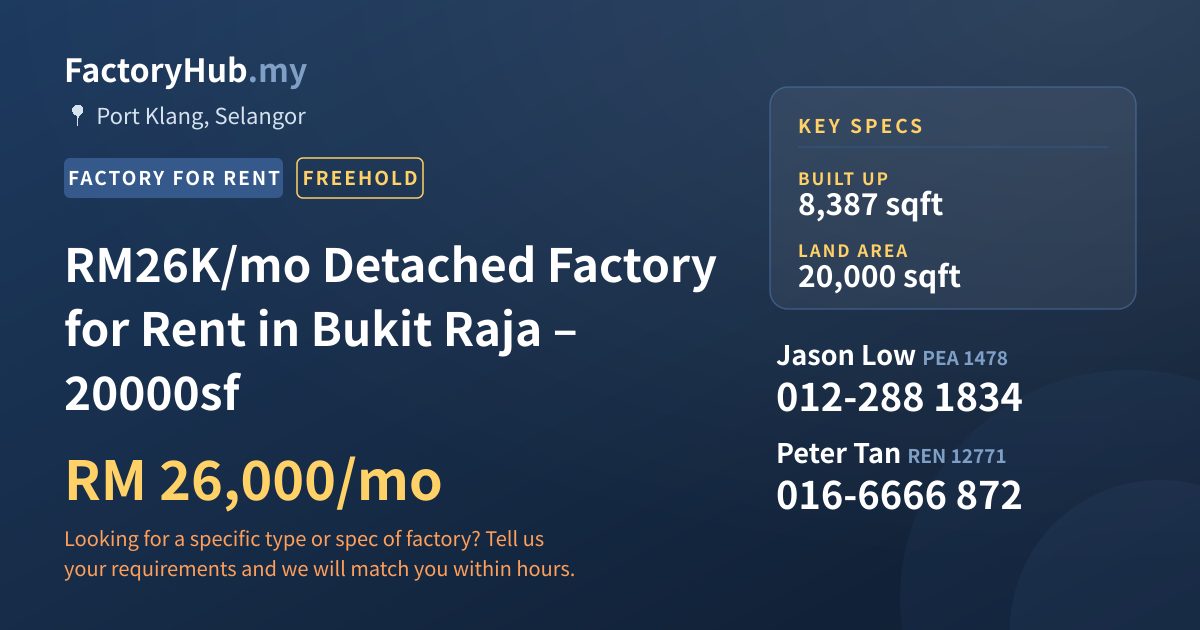 Factory For Rent - RM26K/mo Detached Factory for Rent in Bukit Raja – 20000sf - Port Klang, Selangor