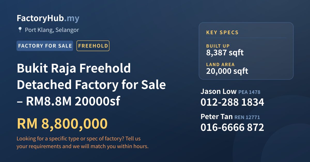 Factory For Sale - Bukit Raja Freehold Detached Factory for Sale – RM8.8M 20000sf - Port Klang, Selangor