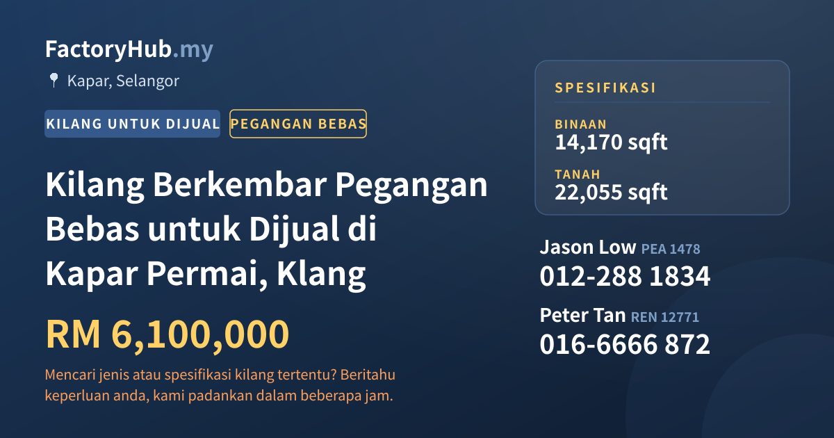 Kilang Untuk Dijual - Kilang Berkembar Pegangan Bebas untuk Dijual di Kapar Permai, Klang - Kapar, Selangor