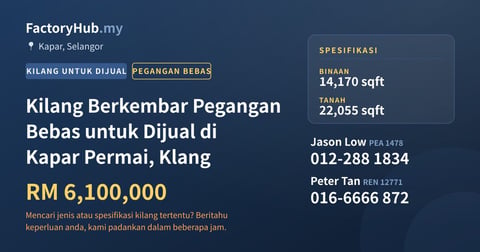 Kilang Untuk Dijual - Kilang Berkembar Pegangan Bebas untuk Dijual di Kapar Permai, Klang - Kapar, Selangor
