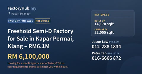 Factory For Sale - Freehold Semi-D Factory for Sale in Kapar Permai, Klang – RM6.1M - Kapar, Selangor