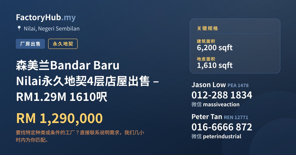 店铺 出售 - 森美兰Bandar Baru Nilai永久地契4层店屋出售 – RM1.29M 1610呎 - Nilai, Negeri Sembilan