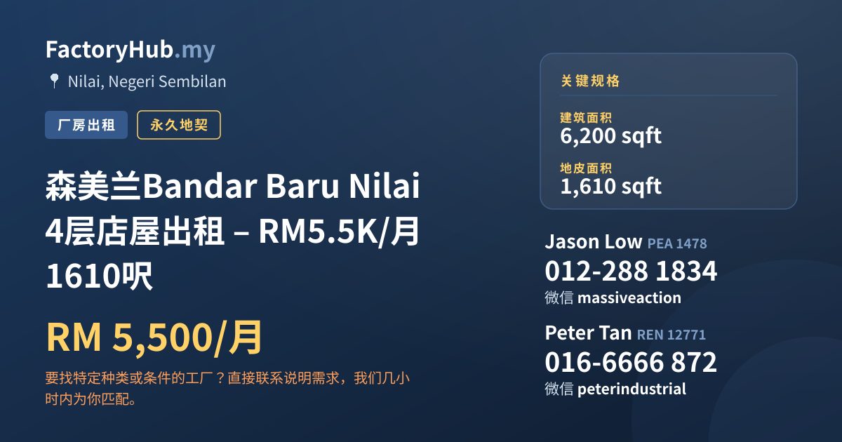 店铺 出租 - 森美兰Bandar Baru Nilai 4层店屋出租 – RM5.5K/月 1610呎 - Nilai, Negeri Sembilan