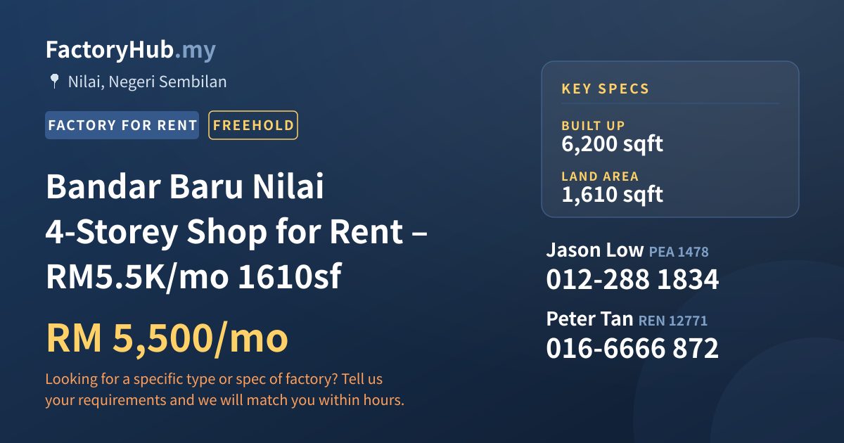 Commercial For Rent - Bandar Baru Nilai 4-Storey Shop for Rent – RM5.5K/mo 1610sf - Nilai, Negeri Sembilan